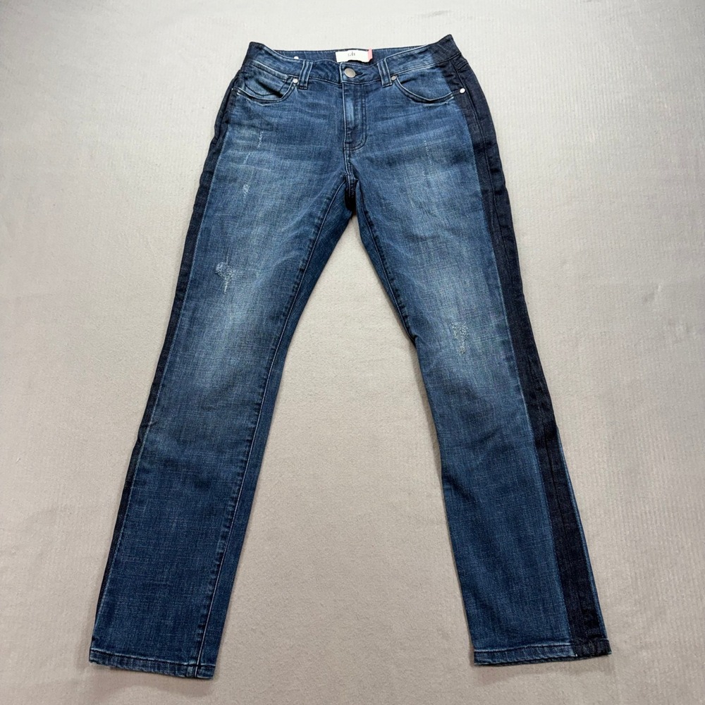 Cabi High Straight Jeans Womens 6 Blue Tuxedo Side Stripe Distressed 3750‎